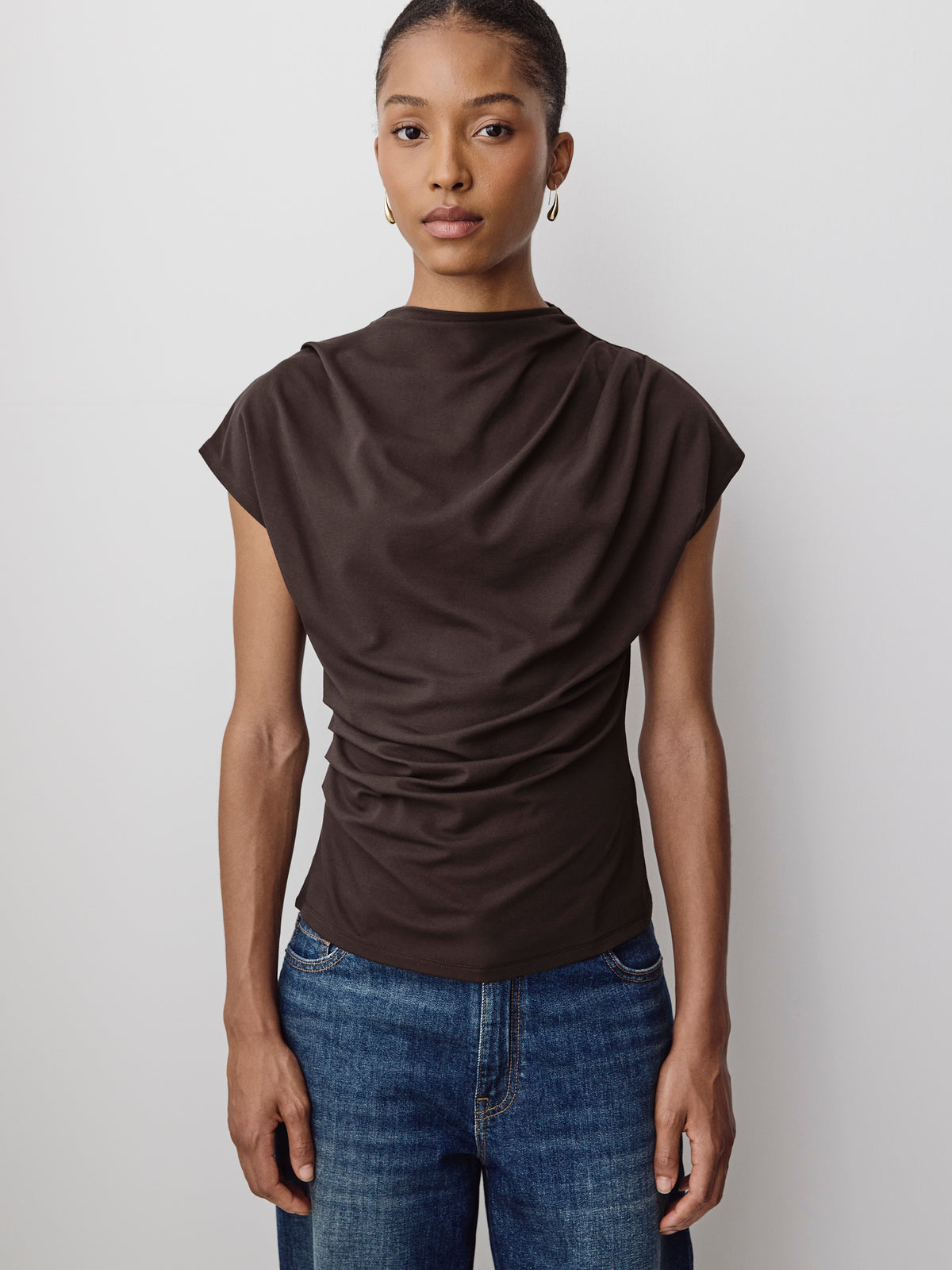 Extended-Sleeve Crew-Neck Draped Top