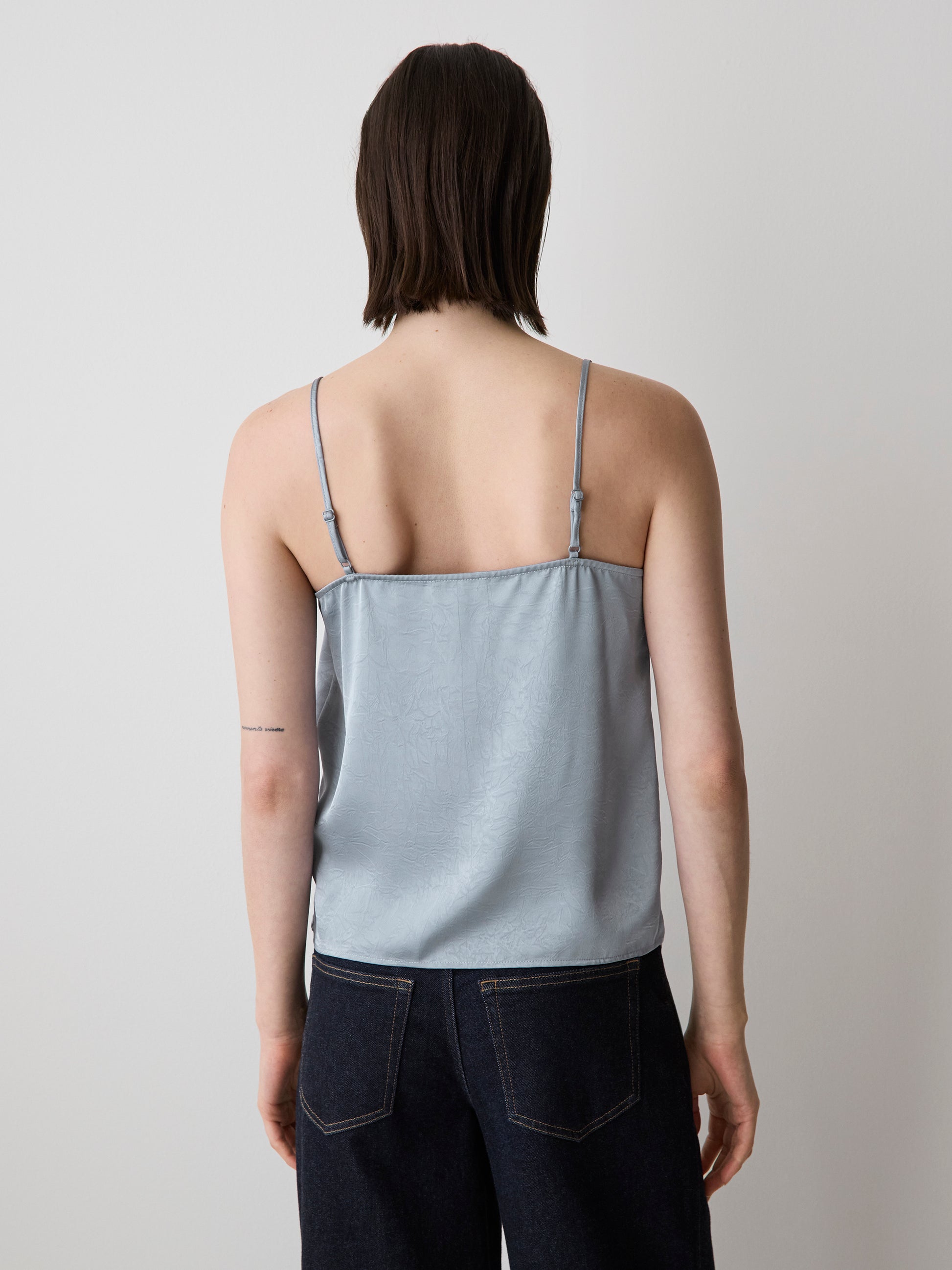 Sleeveless V-Neck Satin Blouse with Lace Trim