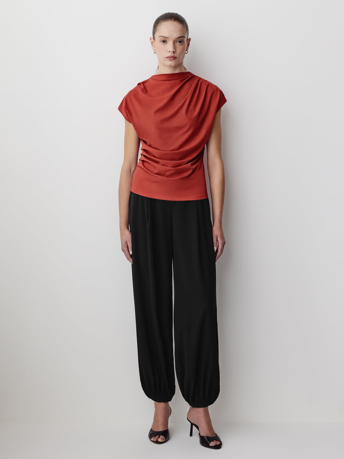 Extended-Sleeve Crew-Neck Draped Top