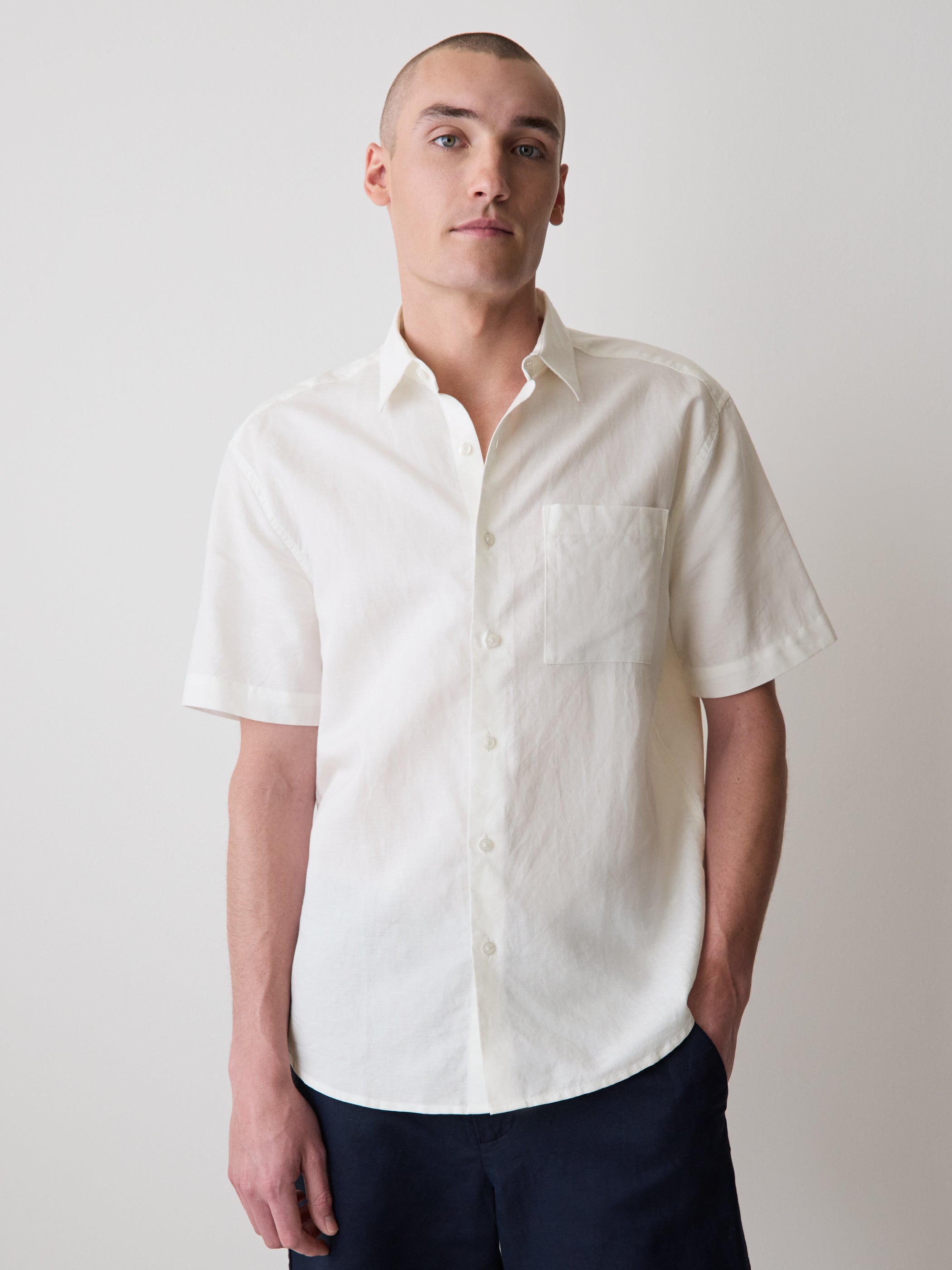 Mens Woven Linen Blend Shirt Regular Fit Short Sleeve