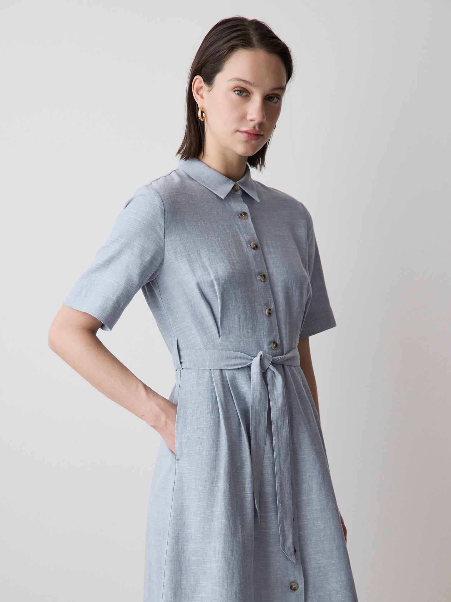 Short-Sleeve Linen-Blend Midi Dress with Shirt Collar