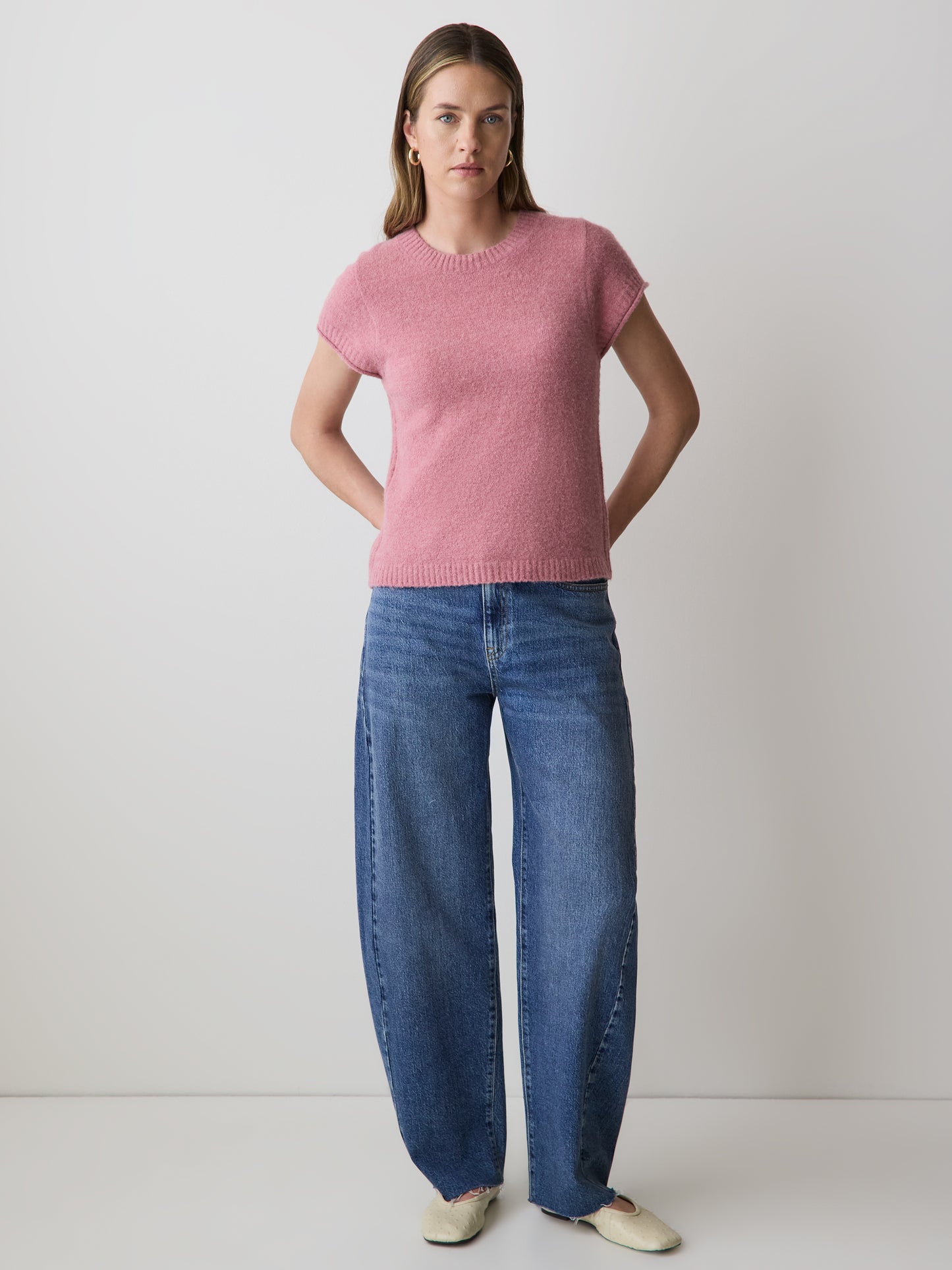 Wool-Blend Cap-Sleeve Crew-Neck Boxy Sweater