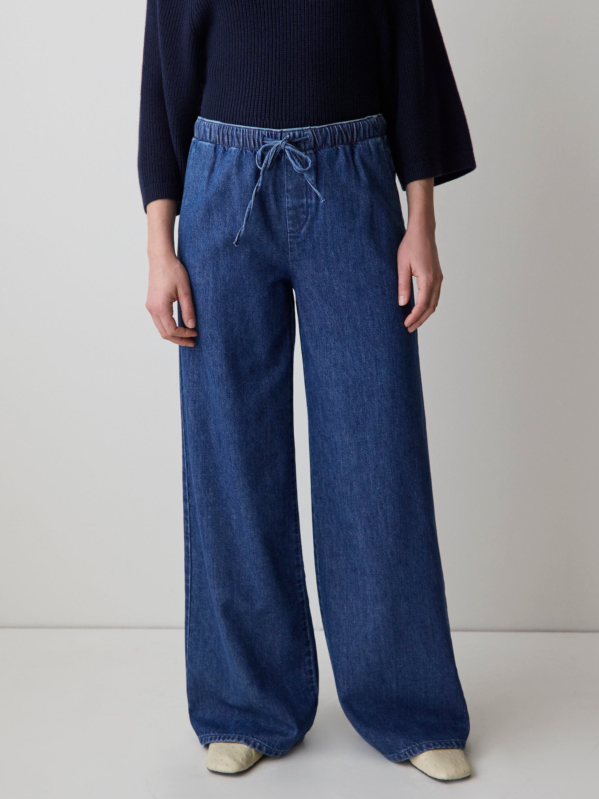 Wide-Leg Denim Pants with Elastic Waistband