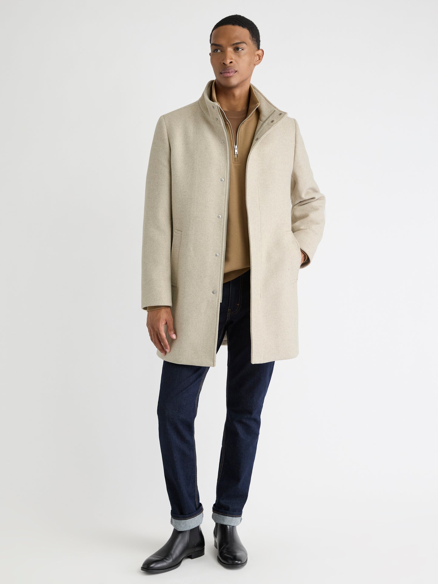 Classic Solid Mock-Neck Wool Coat with Dickey