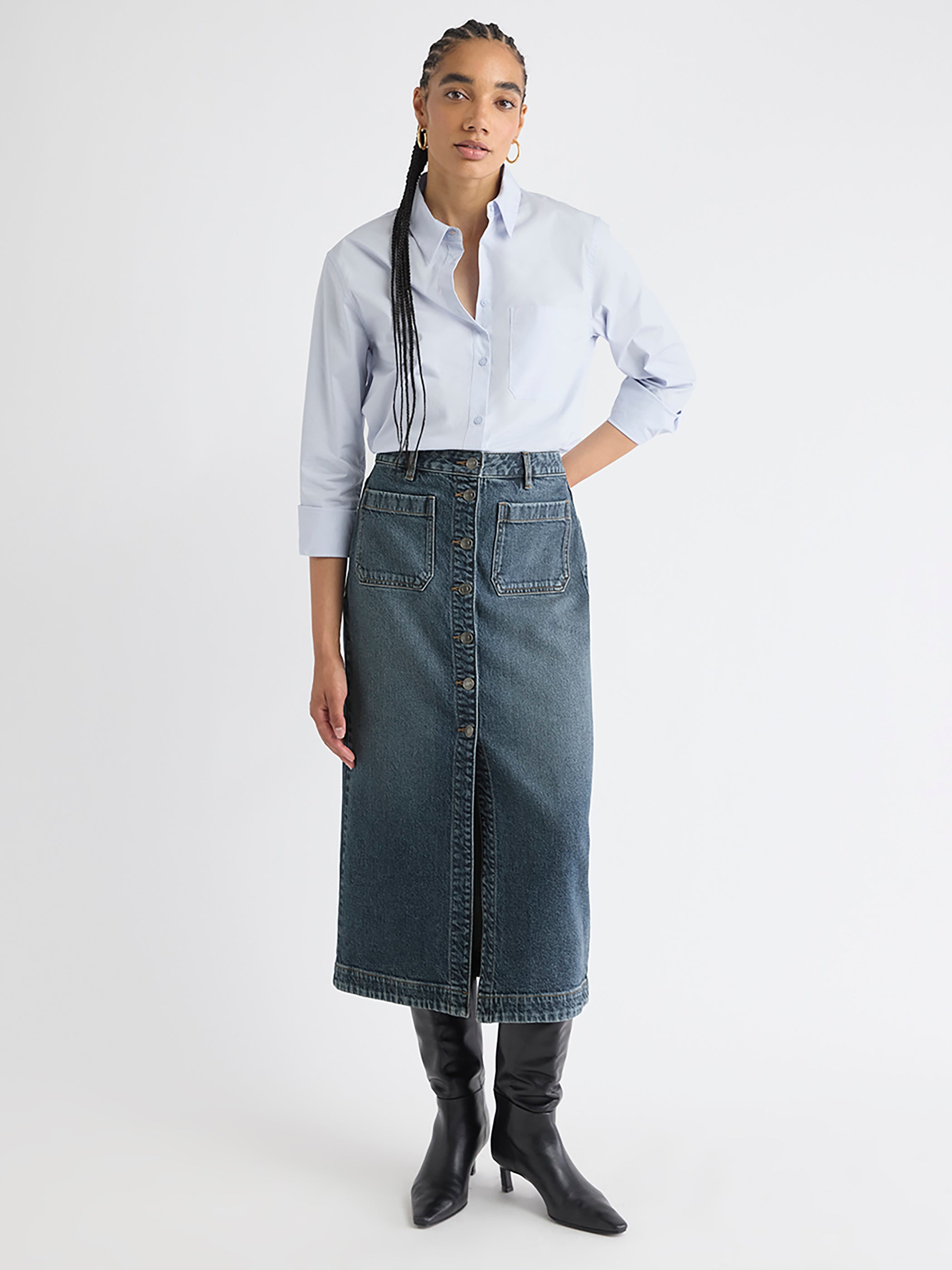 Jupe Midi Évasée en Denim à Délavé Moyen