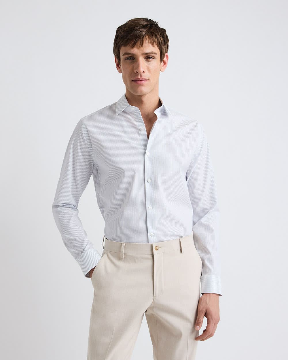 White Tailored Fit Dress Shirt with Blue Stripes
