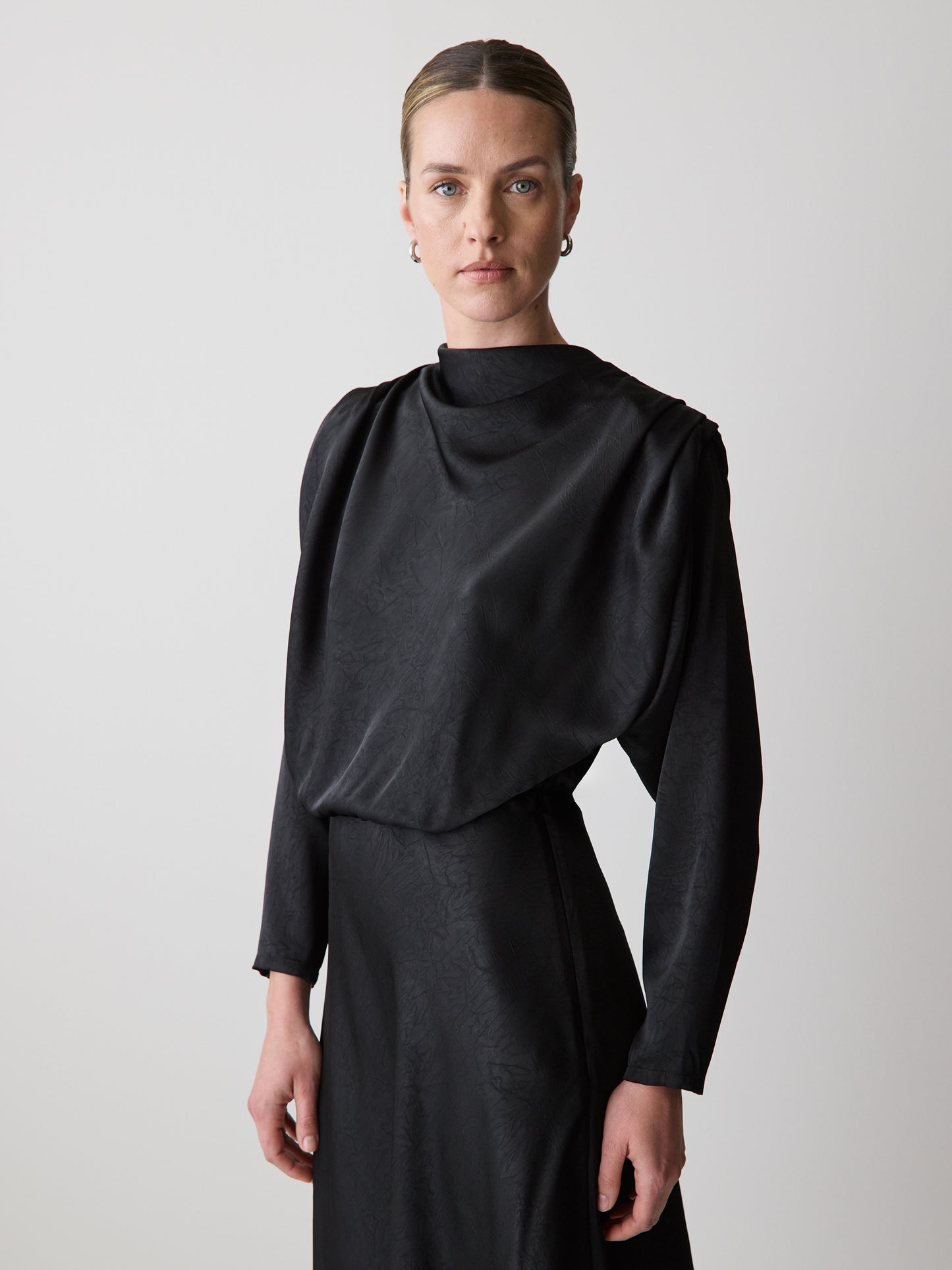 Satin Long-Sleeve Draped Midi Dress