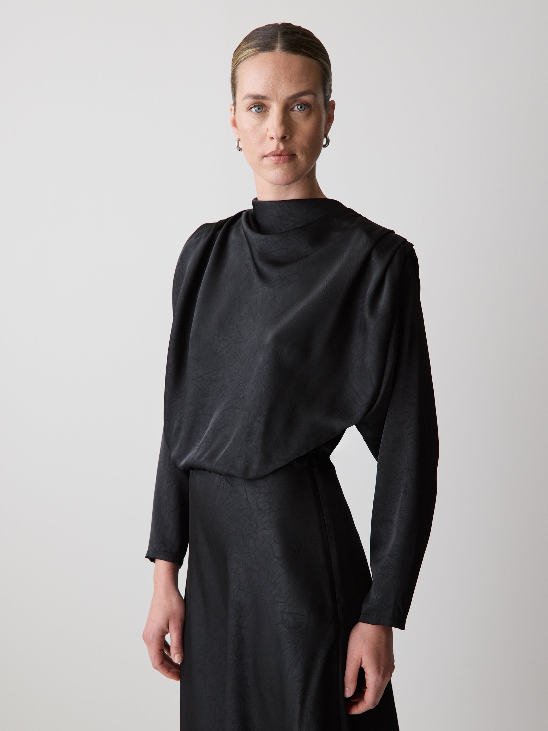 Satin Long-Sleeve Crew-Neck Midi Dress