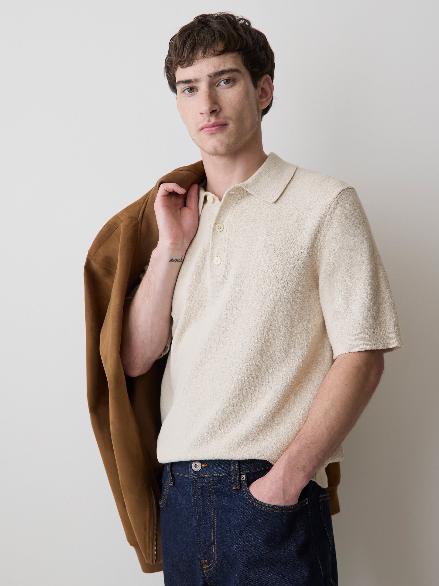 Short-Sleeve Bouclé Polo Sweater