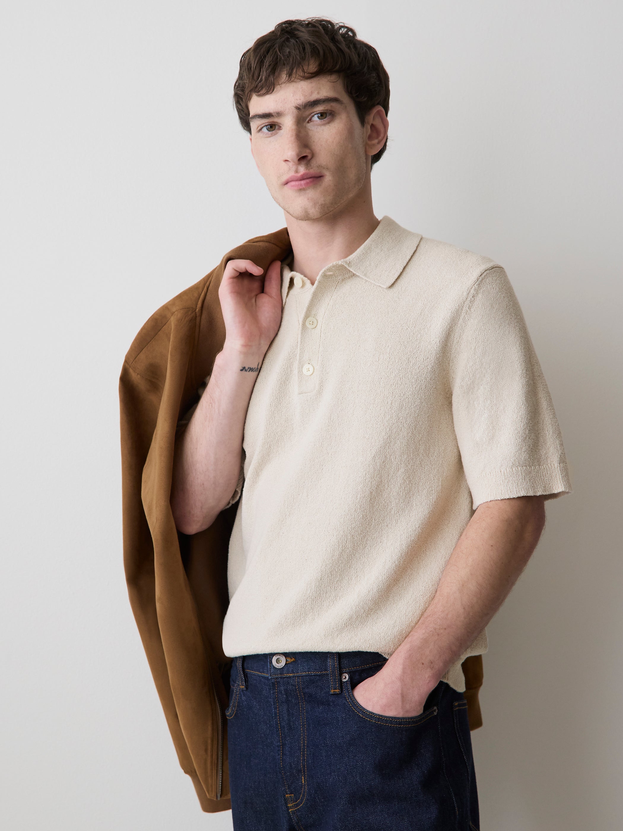 Short-Sleeve Bouclé Polo Sweater