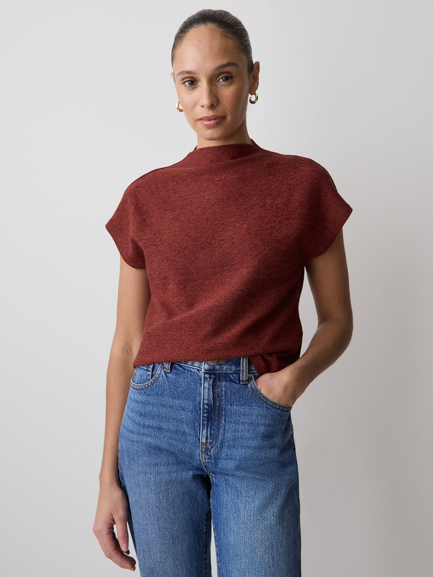 Extended-Sleeve Mock-Neck Textured Top