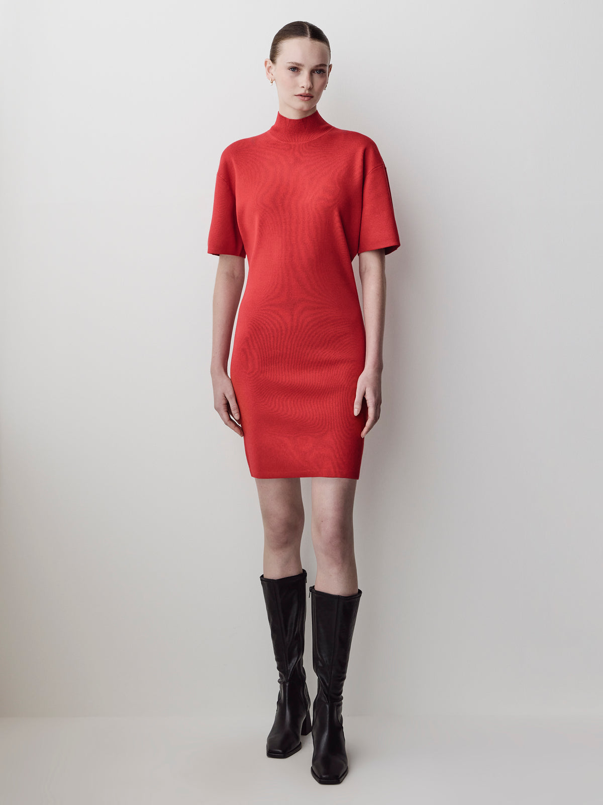 Short-Sleeve Mock-Neck Mini Sweater Dress