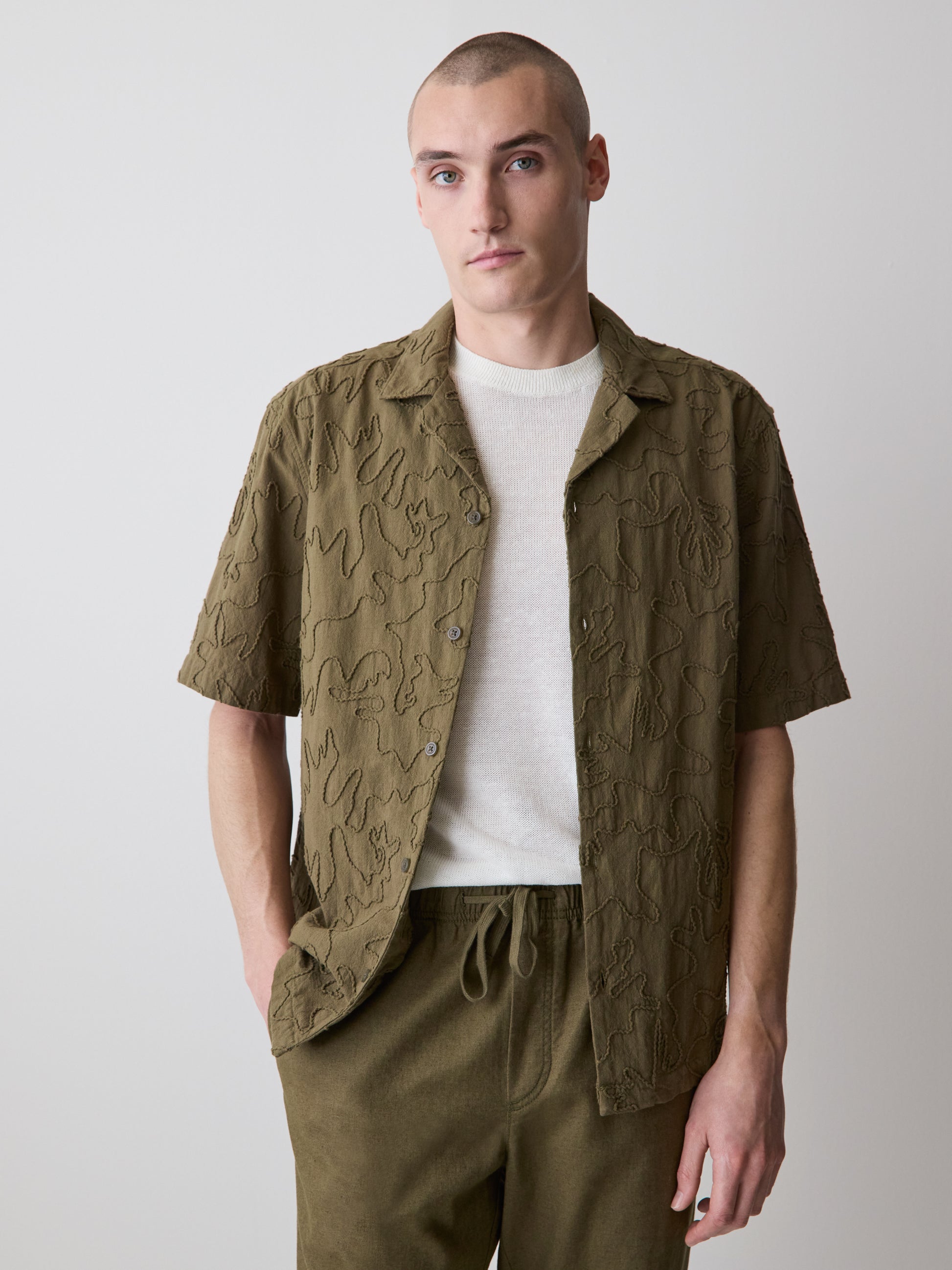 Short-Sleeve Camp-Collar Shirt with Embroidered Details