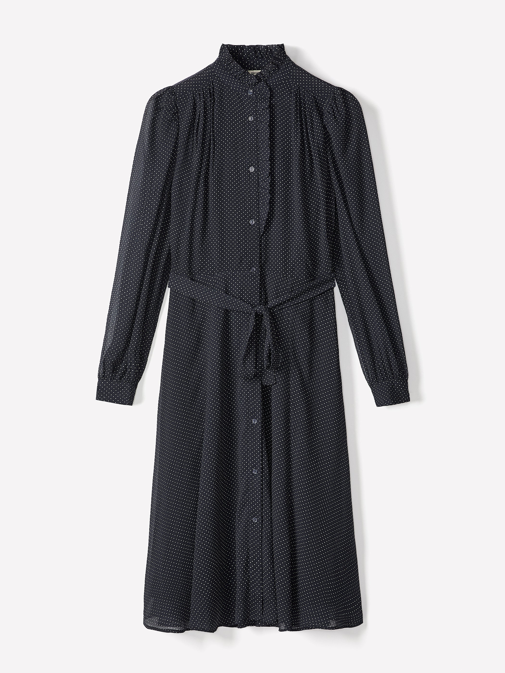 Robe Midi Boutonnée à Manches Longues et Col Montant