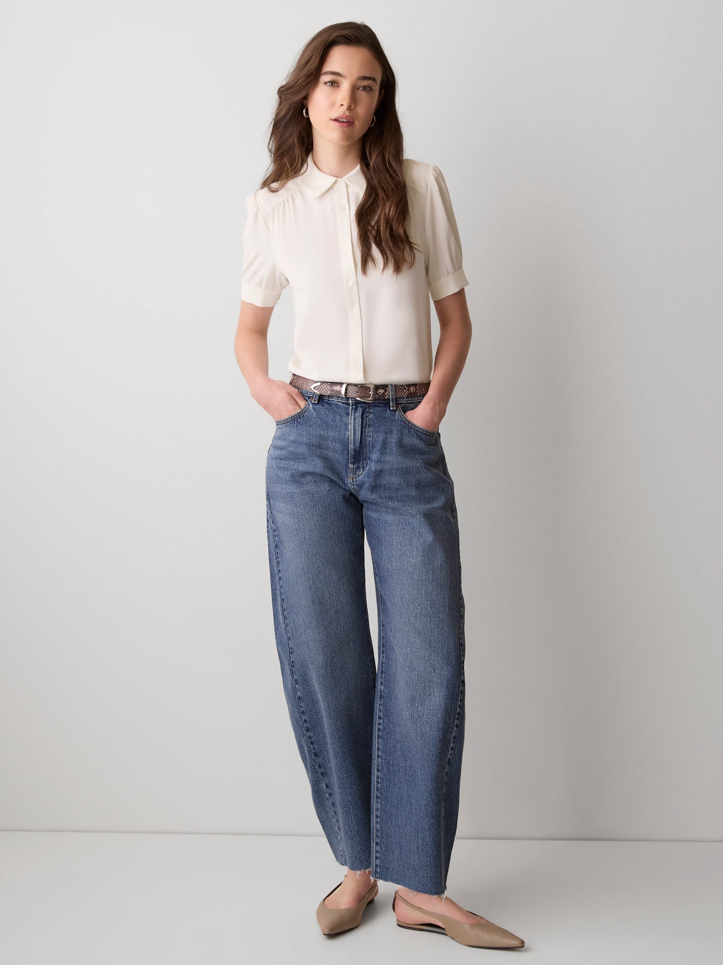 Silky Crepe Short-Sleeve Buttoned-Down Blouse