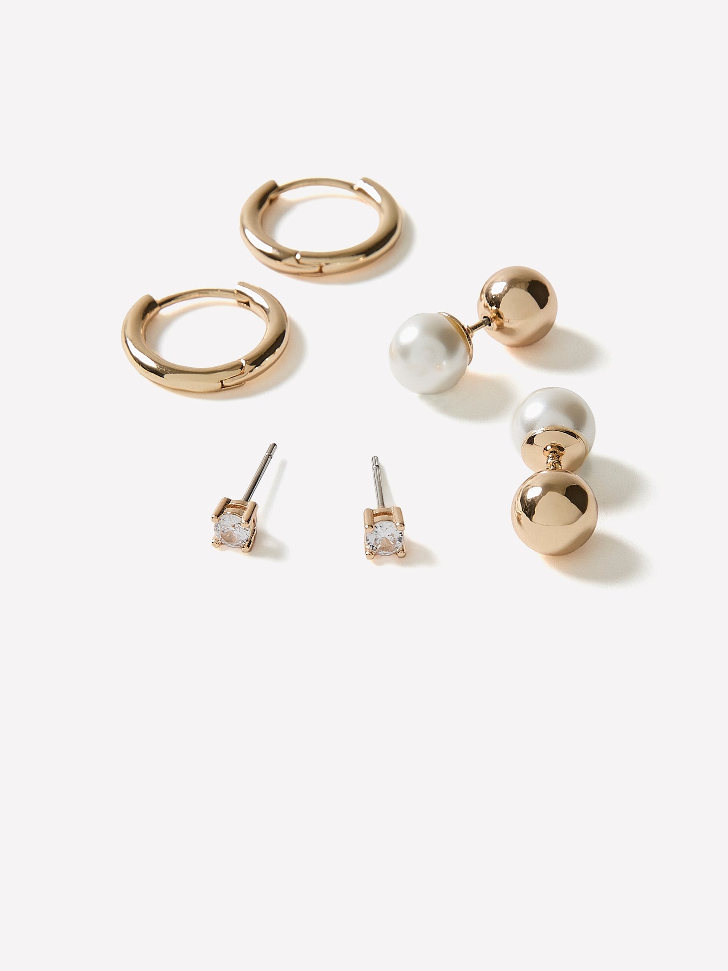 Ladies Metal Earrings Set of 3 Basic Stud and Hoop Styles