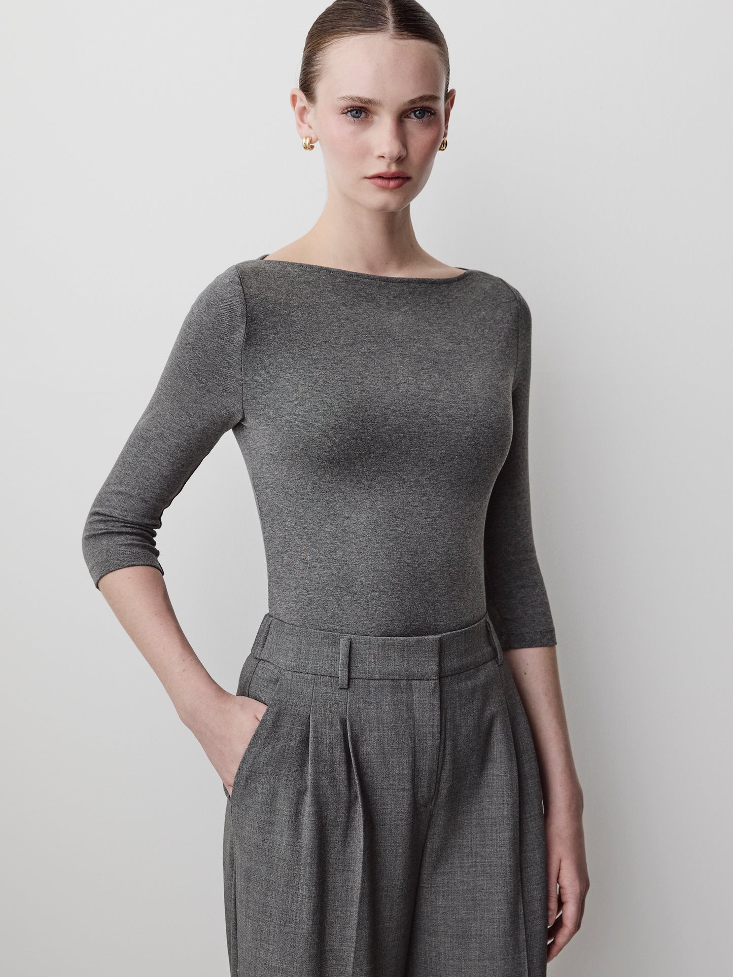 Knit Pullover Boat Neck 3/4 Sleeve