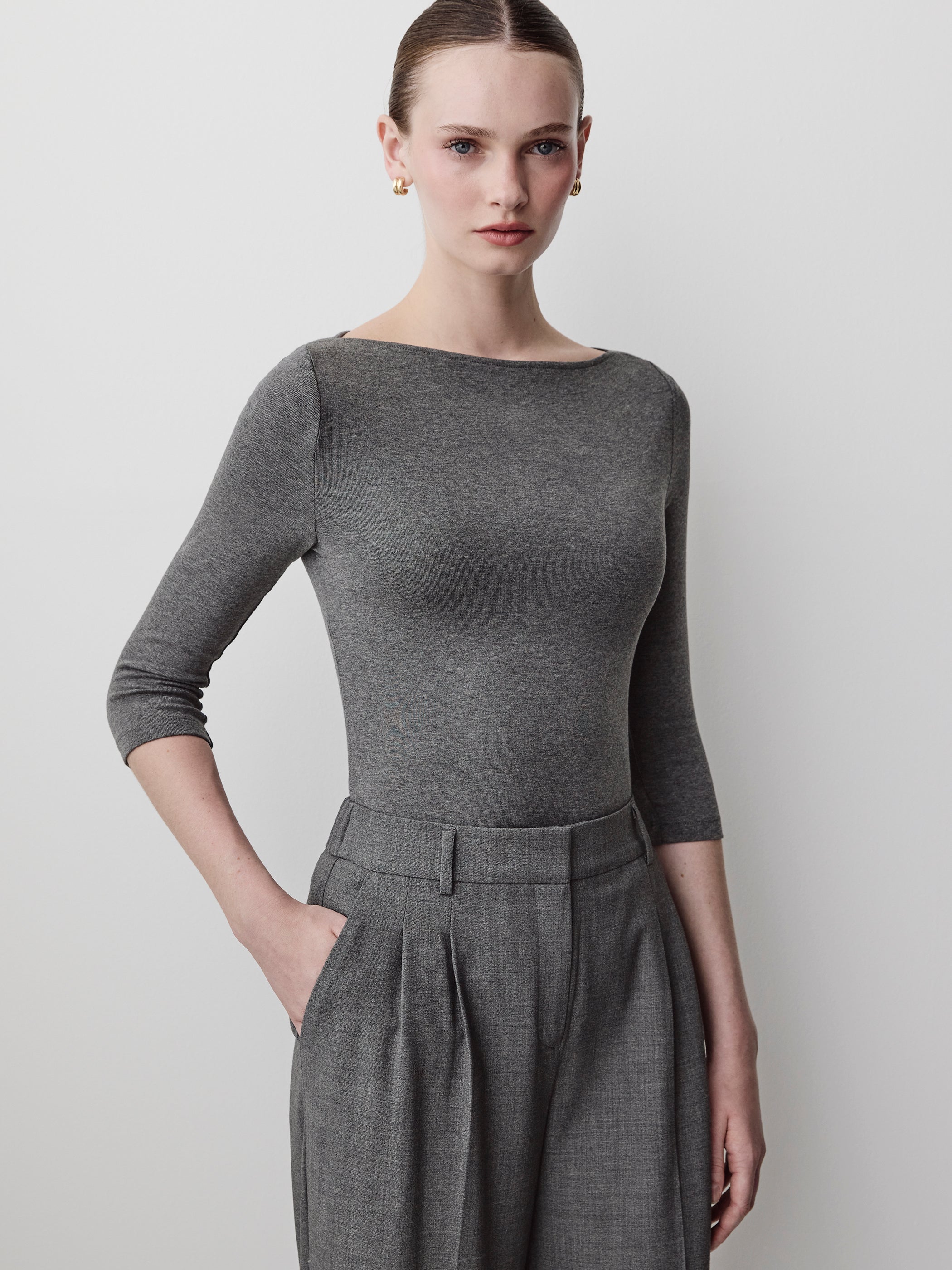Knit Pullover Boat Neck 3/4 Sleeve