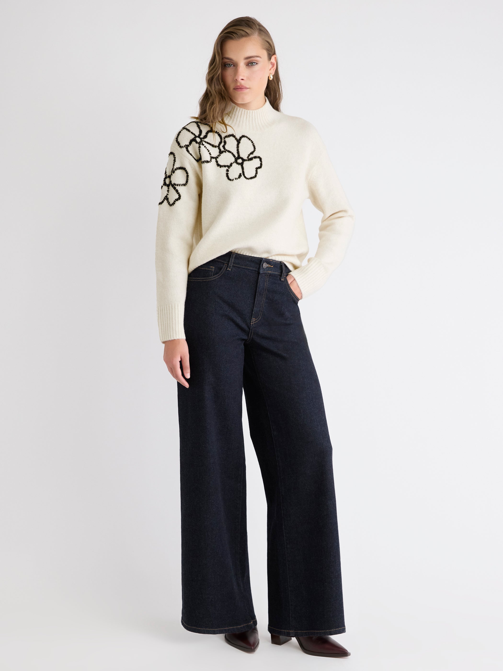 Long-Sleeve Mock-Neck Sweater with Embroidered Pattern
