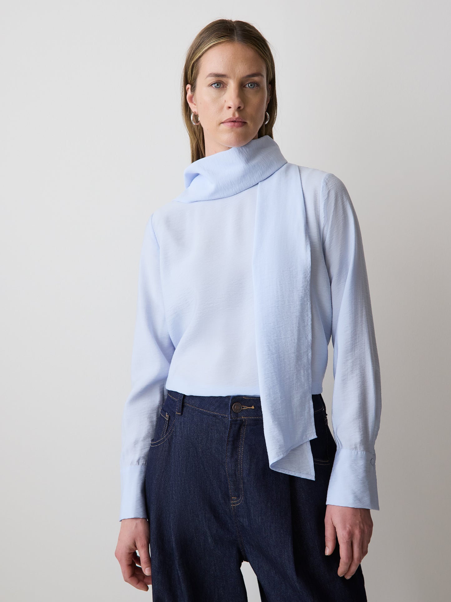 Long-Sleeve Popover Blouse with Scarf Neckline