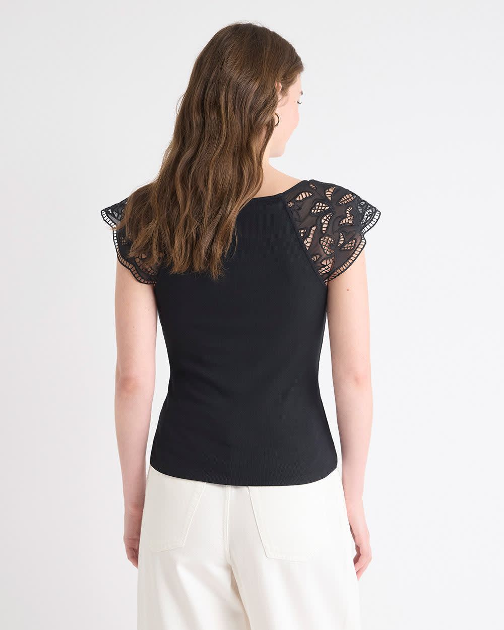 V-Neck Ribbed Top with Short Flutter Sleeves