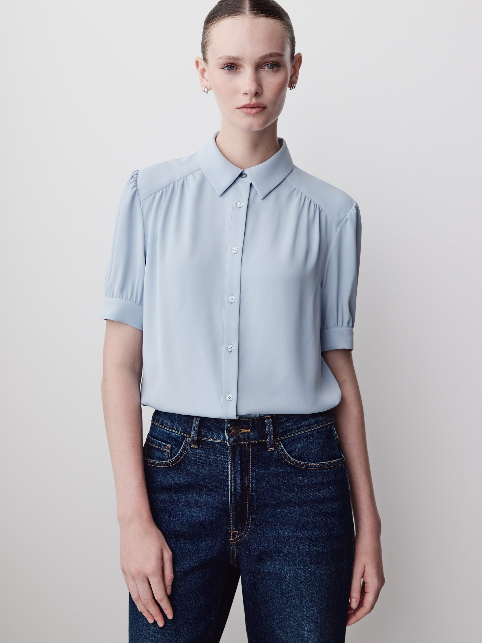 Silky Crepe Short-Sleeve Buttoned-Down Blouse