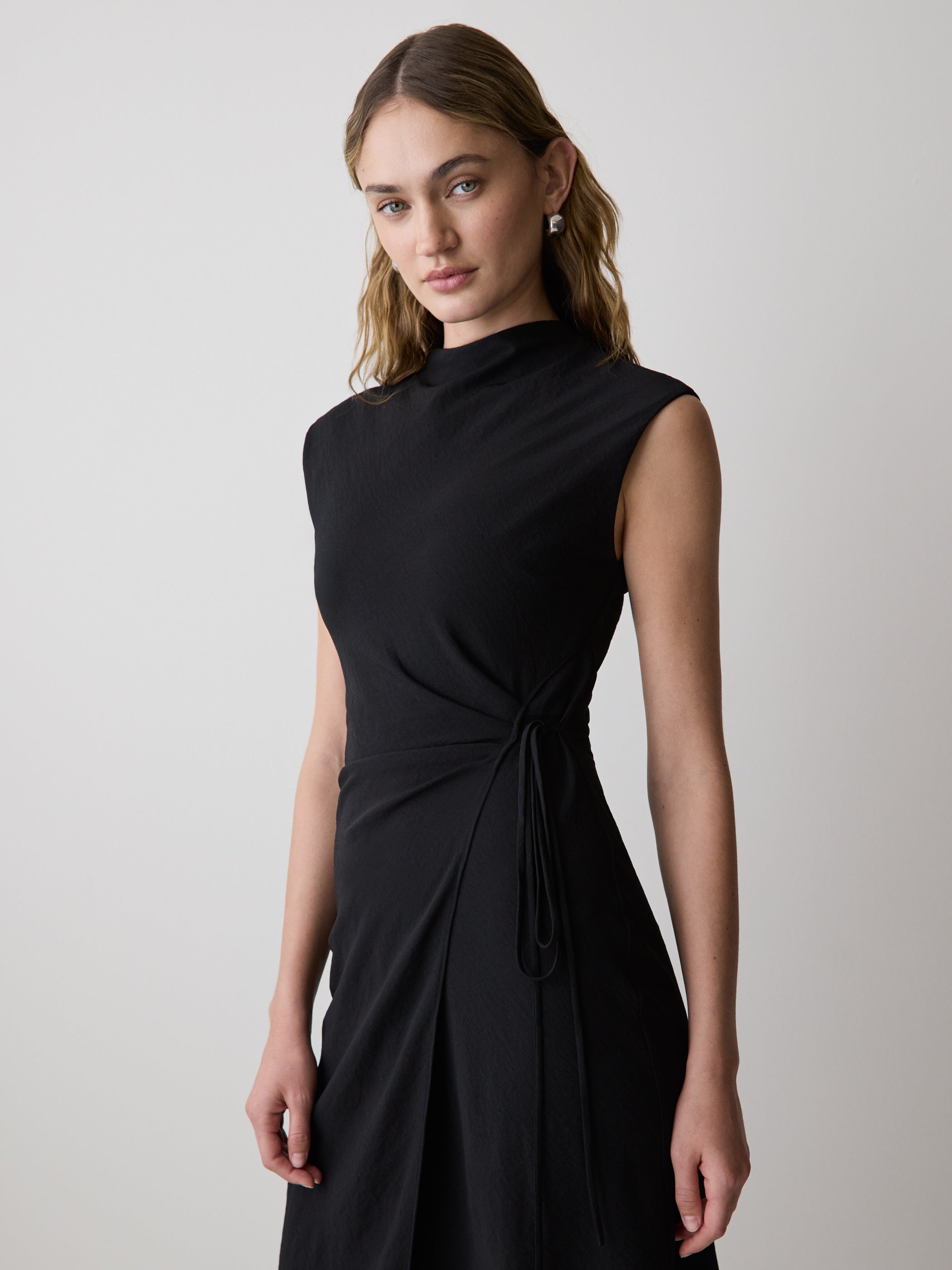 Extended-Sleeve Mock-Neck Midi Dress with Wrap Detail