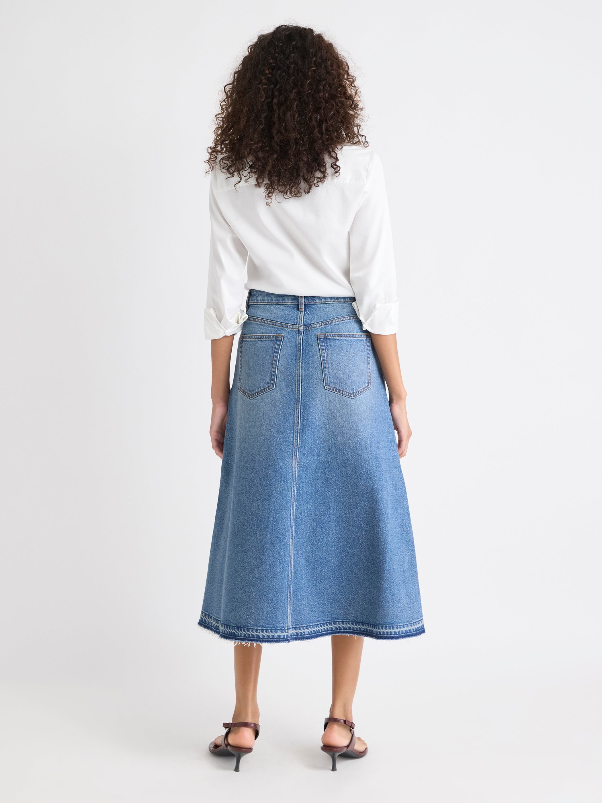Jupe Midi Évasée en Denim à Délavé Moyen