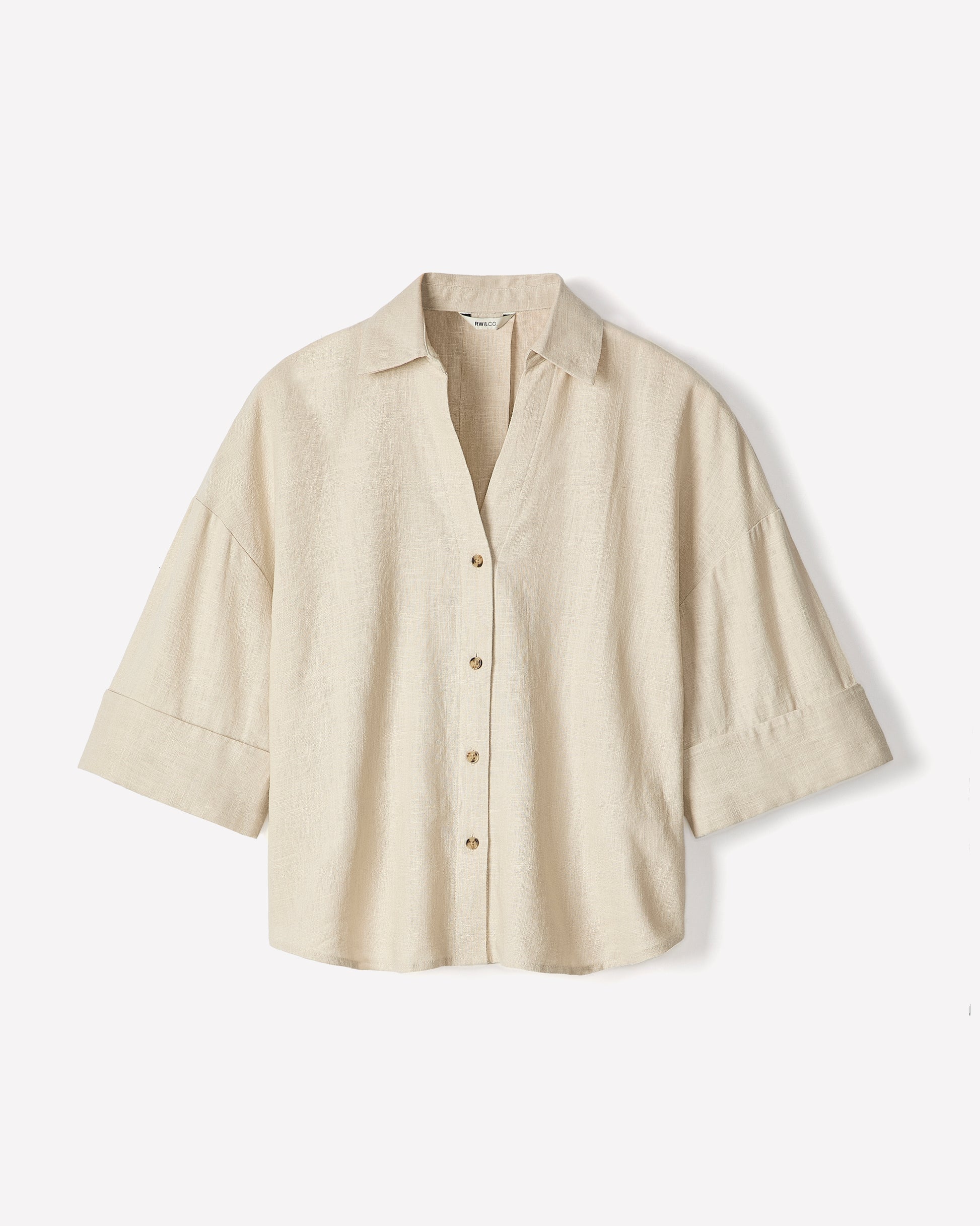 Linen-Blend Short-Sleeve Blouse with Shirt Collar