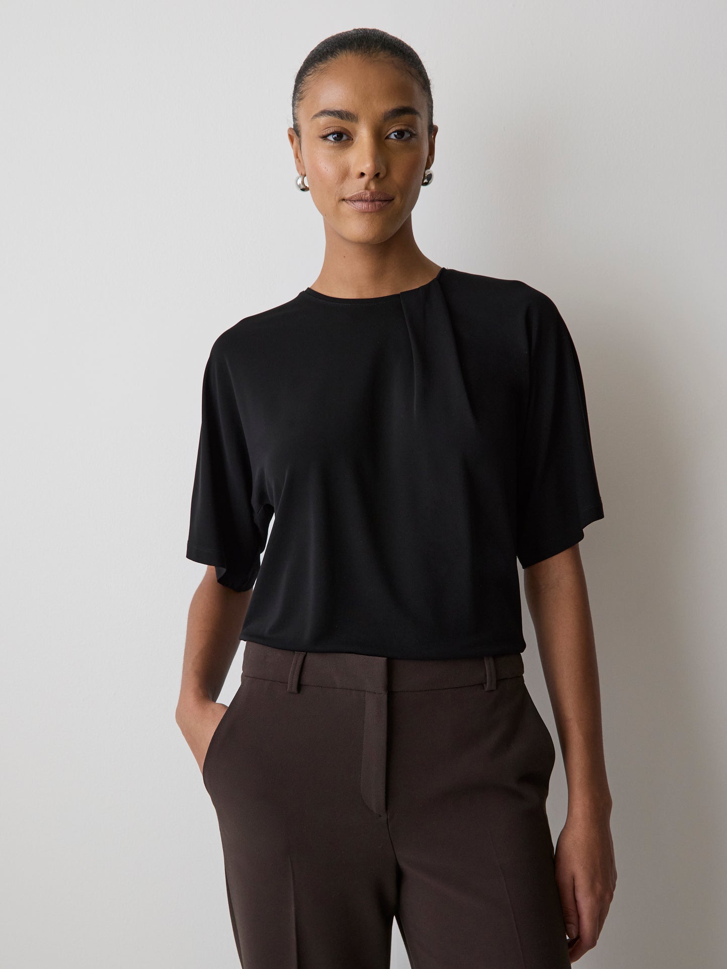 Short-Sleeve Crew-Neck Top with Pleated Detail
