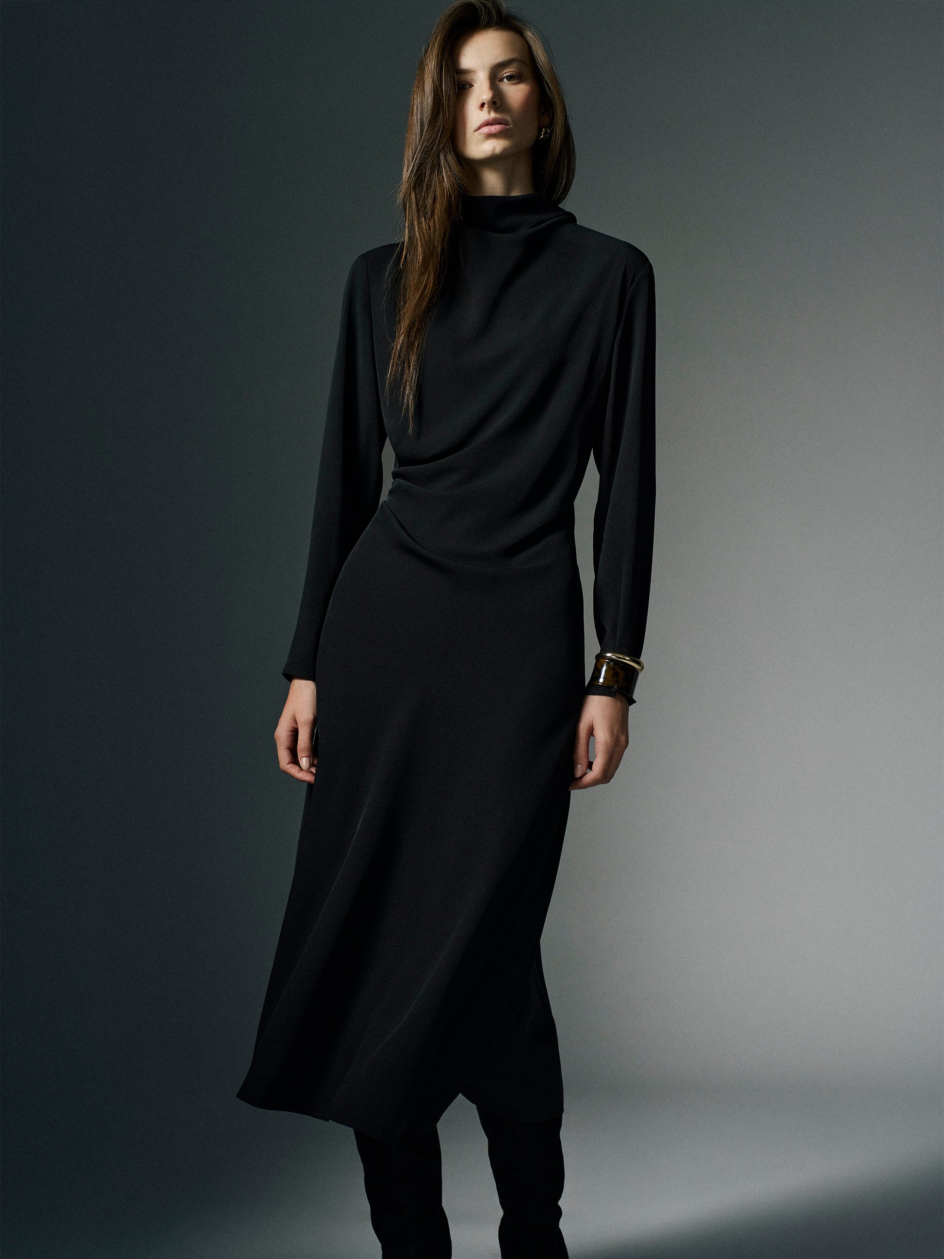 Woven Luxe Crepe Mock Neck Midi Dress