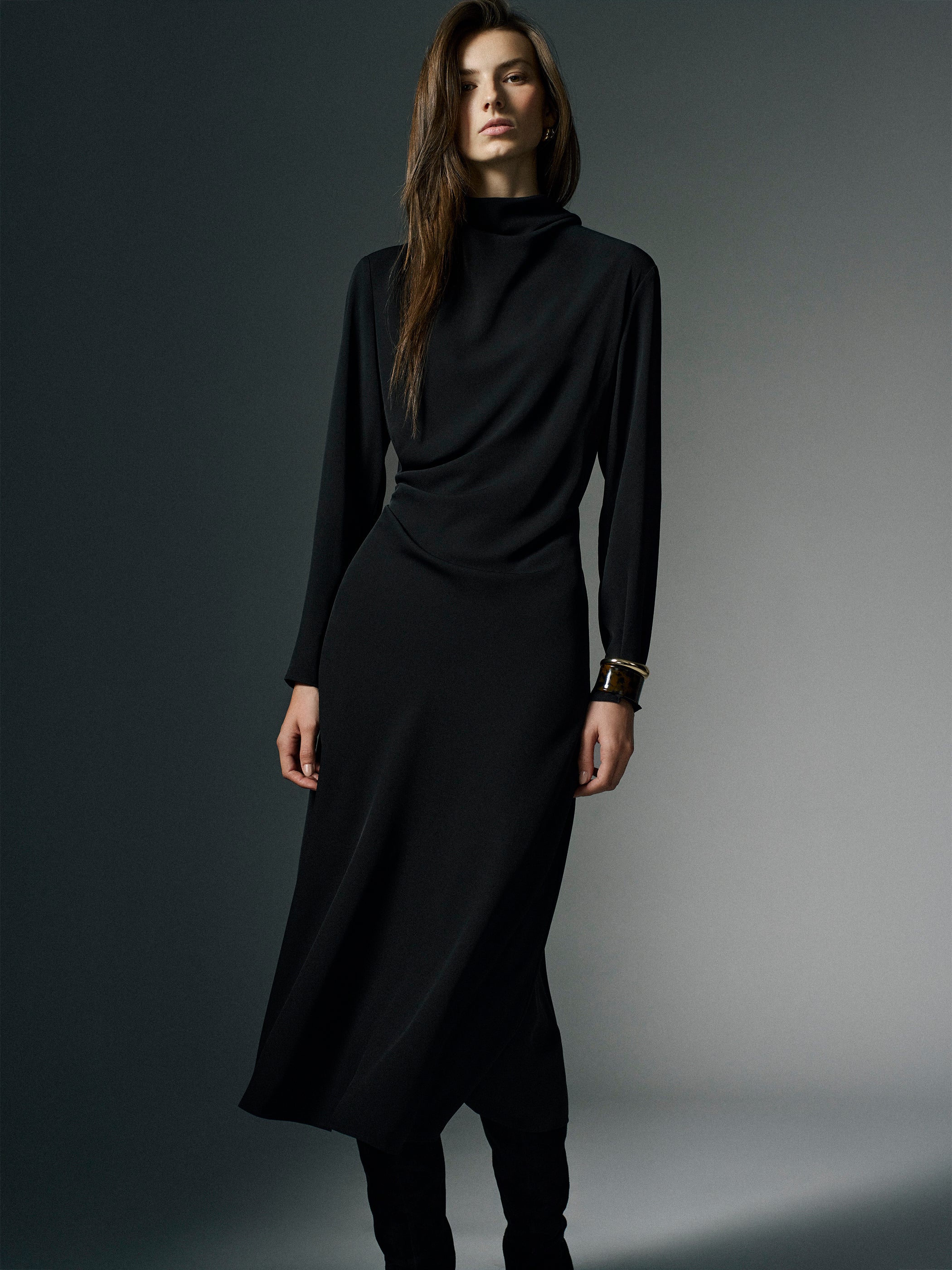 Woven Luxe Crepe Mock Neck Midi Dress