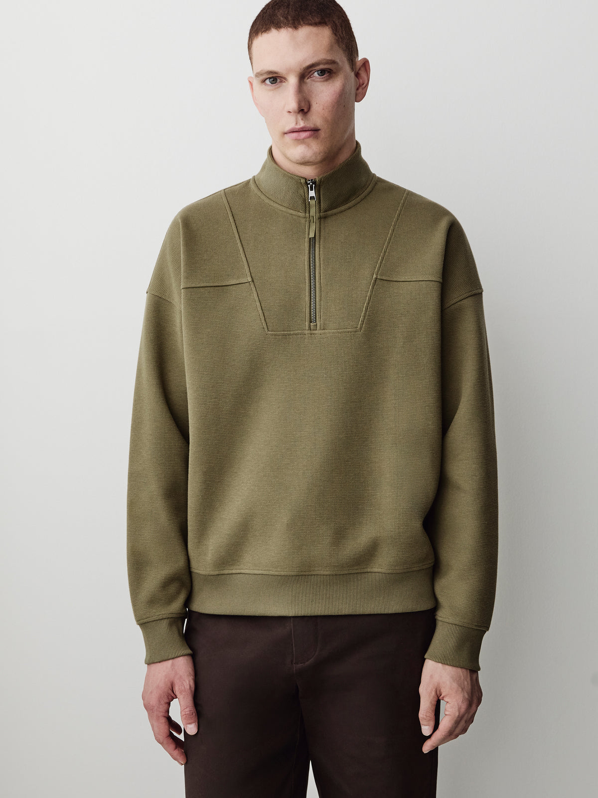 Long-Sleeve Half-Zip Mock-Neck Waffled Sweater