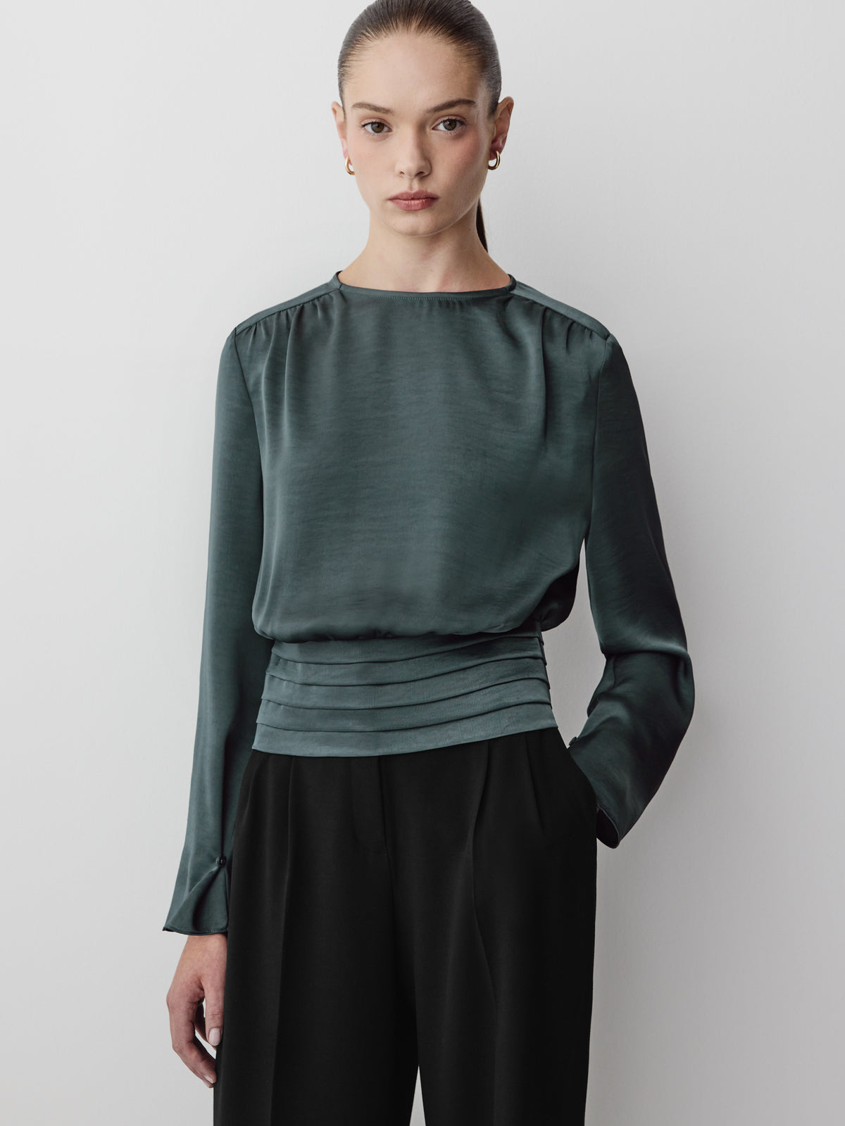 Long-Sleeve Crew-Neck Blouse with Shoulder Pads