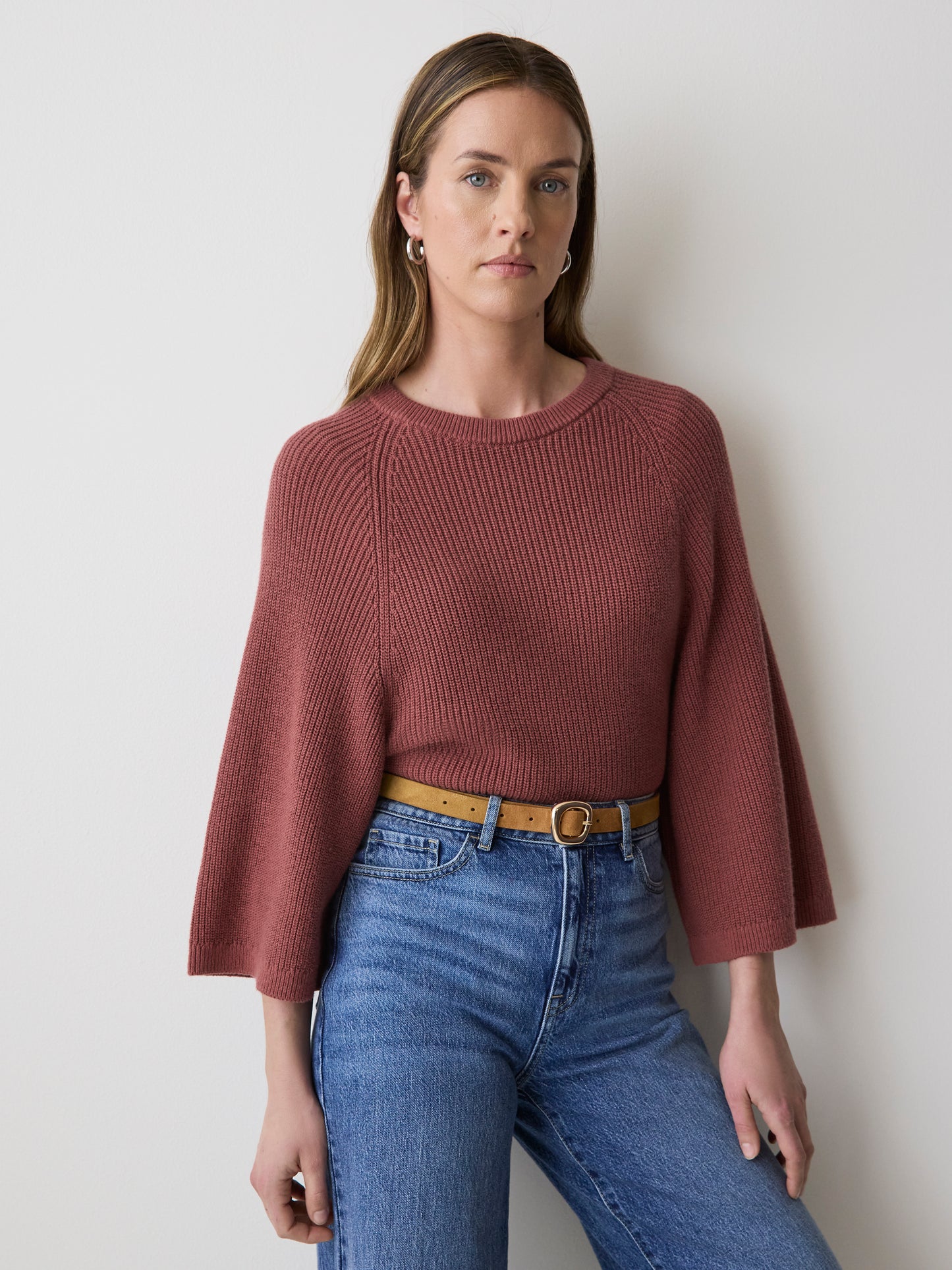 Wide-Sleeve Crew-Neck Merino-Blend Sweater