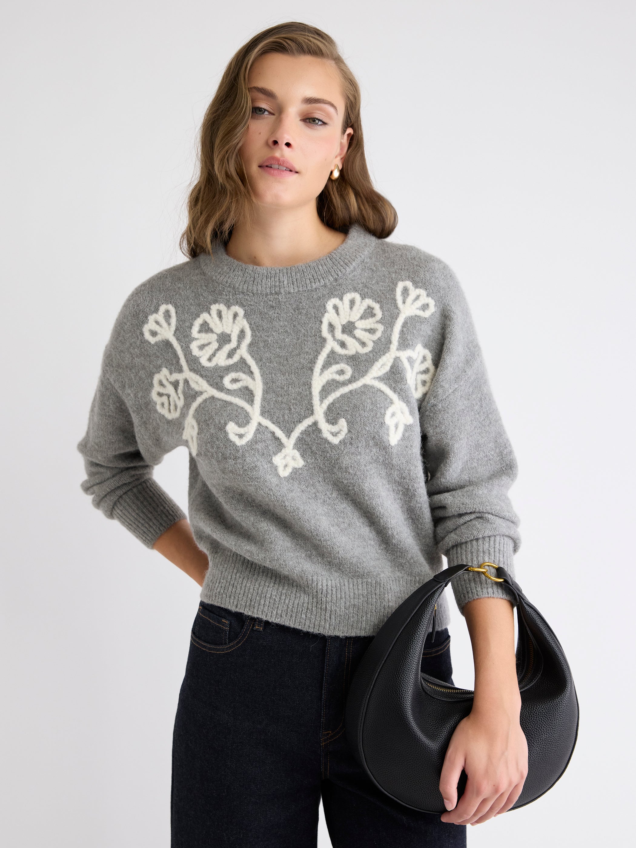 Pull à Manches Longues et Col Rond avec Fleurs