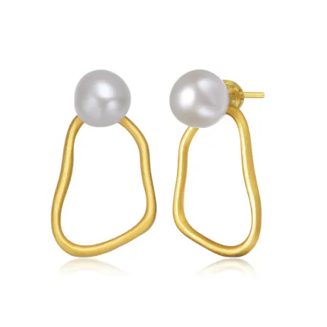 Sterling Silver 14k Gold Plated with Genuine Freshwater Round Pearl Drop Earrings