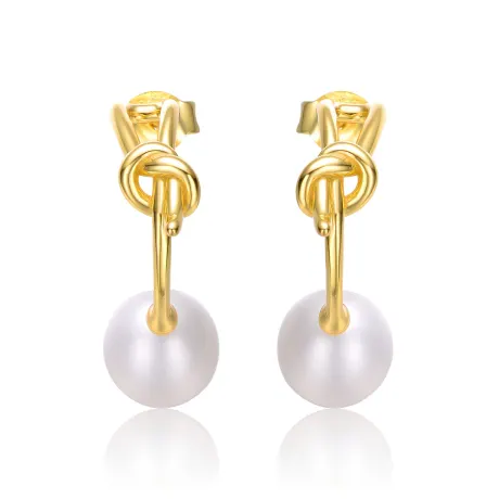 Genevive Boucles d'oreilles demi-créoles en argent sterling plaqué or jaune 14 carats avec perles blanches et nœud d'amour