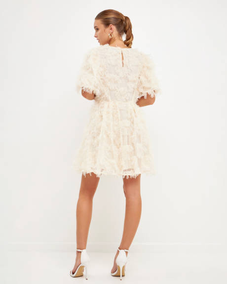 endless rose - Gridded Mesh Feathered Puff Sleeve Mini Dress