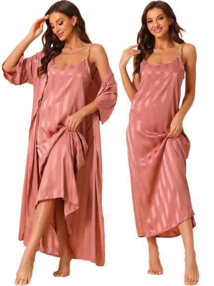 cheibear - Satin 2Pcs Stripe Nightgowns with Robes