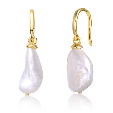 Genevive Boucles d'oreilles pendantes en argent sterling plaqué or jaune 14 carats avec perles blanches baroques et crochet français