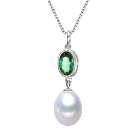 Sterling Silver & Emerald Green Oval CZ Pendant Necklace with White Freshwater Pearl - Signature Pearls