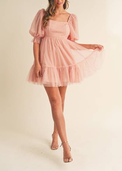 Evercado - Pearl Stud Mesh Babydoll Mini Dress