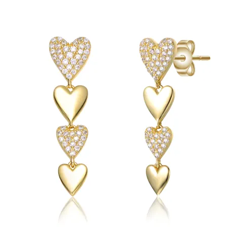 Genevive Sterling Silver 14k Yellow Gold Plated with Cubic Zirconia Double Stampato Heart Dangle Earrings