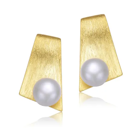 Sterling Silver 14k Gold Plated with Genuine Freshwater Round Pearl trapezoid-shaped Earrings