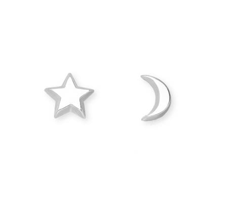 Ag Sterling - Sterling Silver Asymmetrical Moon   Star Stud Earrings