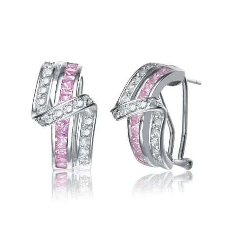 Genevive Sterling Silver White Gold Plated with Colored Cubic Zirconia Zig-Zag Designed Omega Clasp Half Hoop Earrings