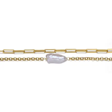 Bracelet double couche en argent sterling plaqué or 14 carats avec véritable câble de perles d'eau douce et chaîne Rolo