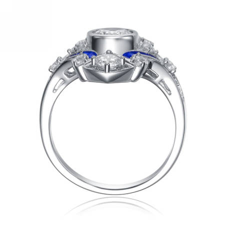 Genevive Sterling Silver White Gold Plating With Colored Baguette and Round Cubic Zirconia Modern Ring