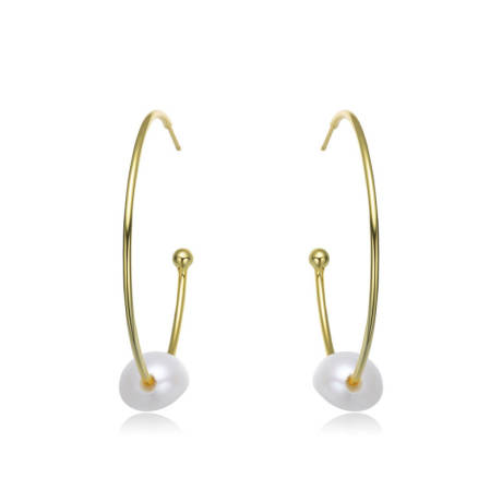 Genevive Stylish Sterling Silver with 14k Yellow Gold Plating and Genuine Freshwater Pearl Hoop Earrings